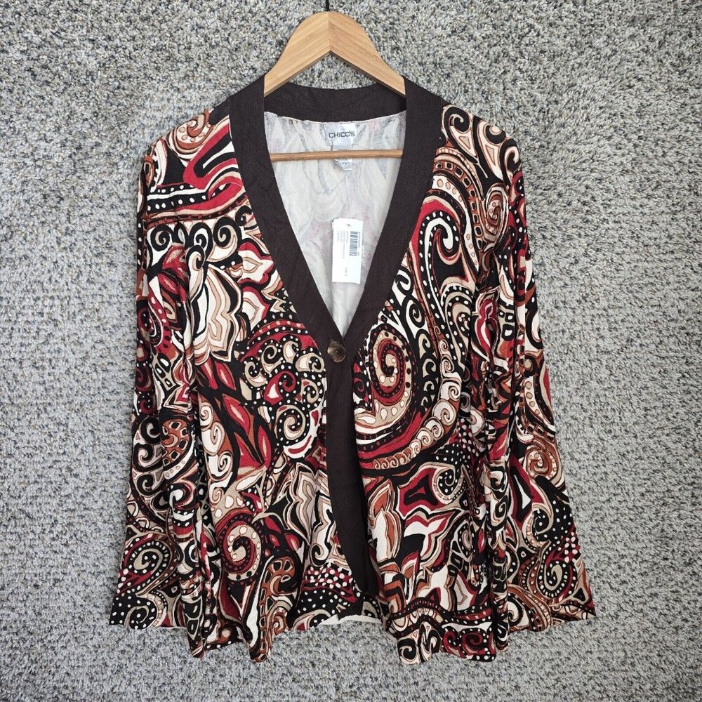 Chicos Cardigan Womens 3 US XL Brown Silk Blend Single Button Paisley Knit